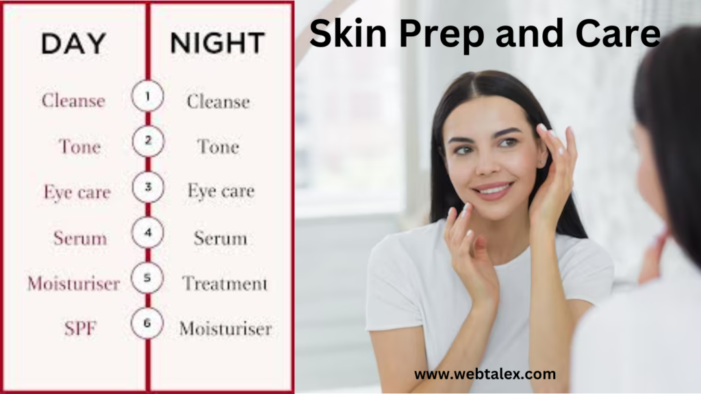 A beautiful woman demonstrating her day and night skincare routines, essential for perfect skin prep and care.