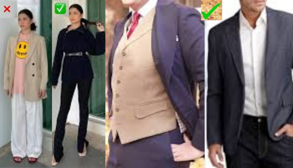 An array of men and women confidently wearing attire that perfectly fits their body shapes.