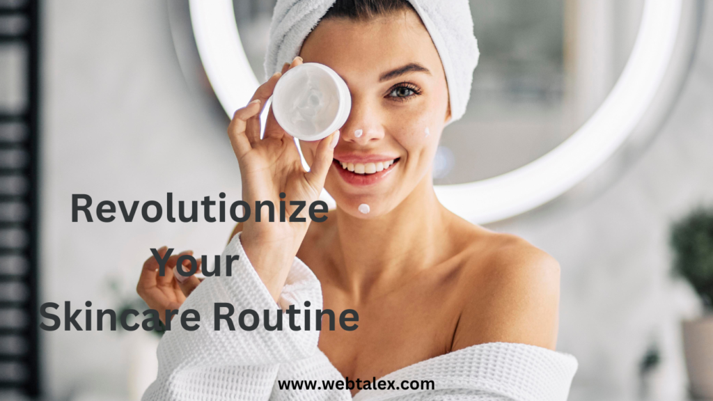 A woman with radiant skin, holding a skincare product, symbolizing the transformation a well-crafted skincare routine can bring.