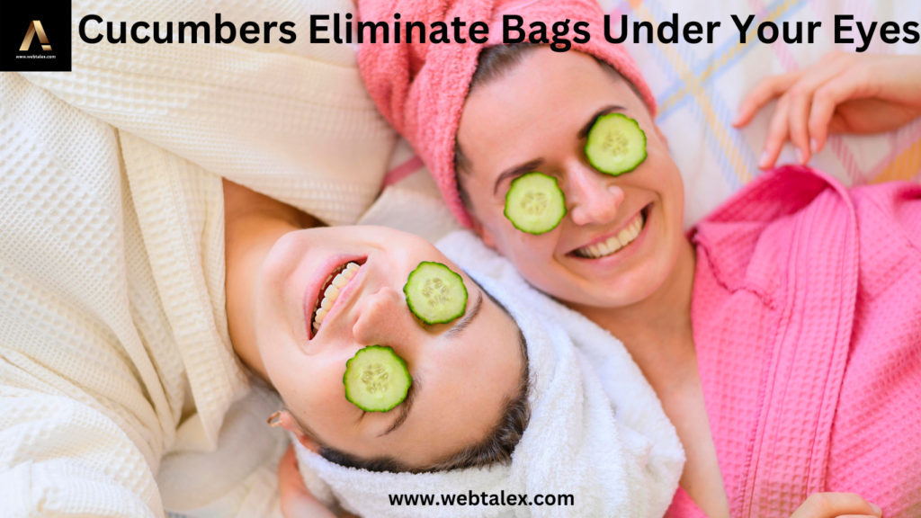 "Two women using cucumber slices on their eyes for a skincare treatment."