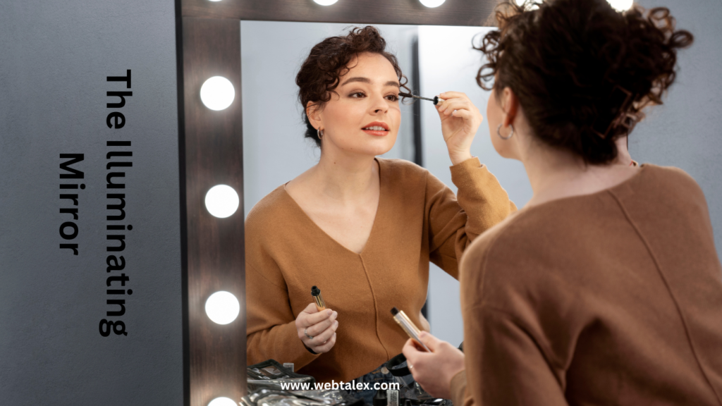 Woman applying makeup in front of an illuminated mirror, capturing the essence of precision in makeup application.