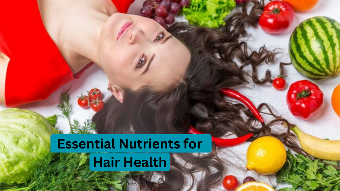 A beautiful woman lying down, encircled by a variety of essential nutrients for hair health.