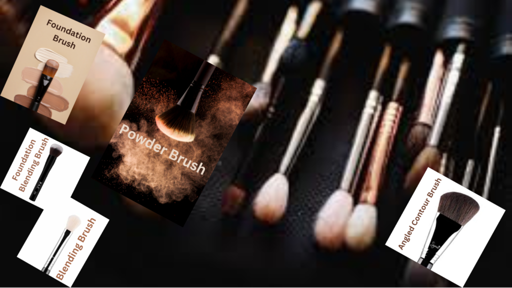A variety of face makeup brushes with different bristles and head shapes, neatly arranged, highlighting essential tools for perfect makeup application.