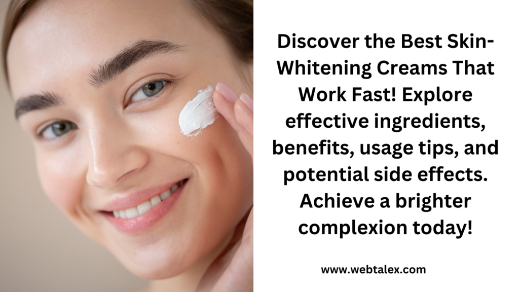 Woman with flawless skin applying whitening cream.