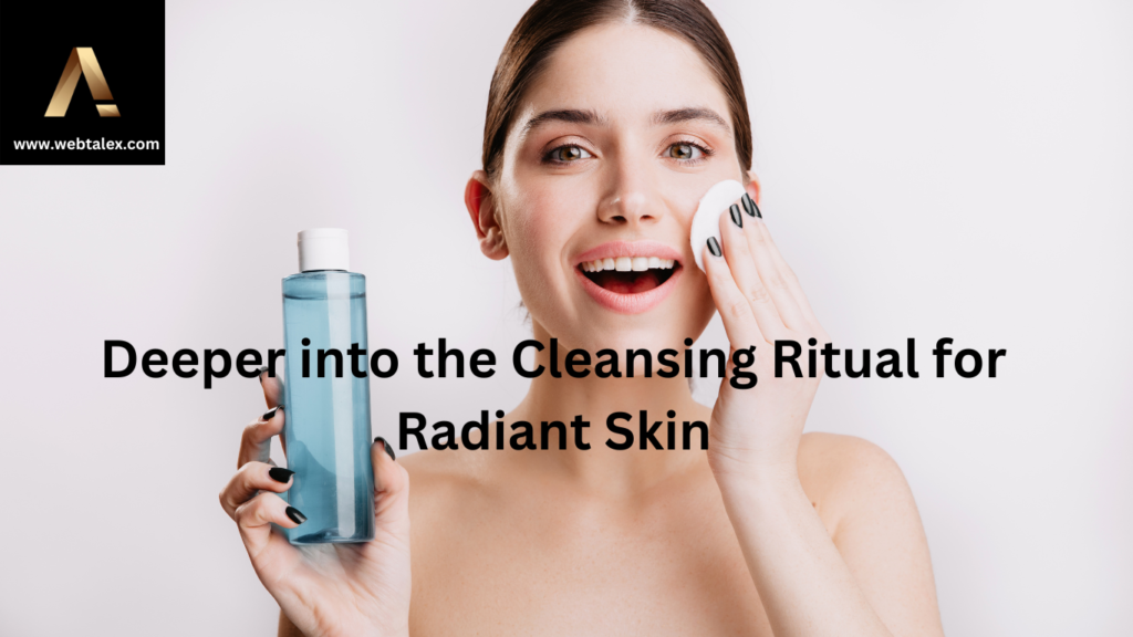 A woman with flawless skin employs micellar water for a thorough double cleansing.