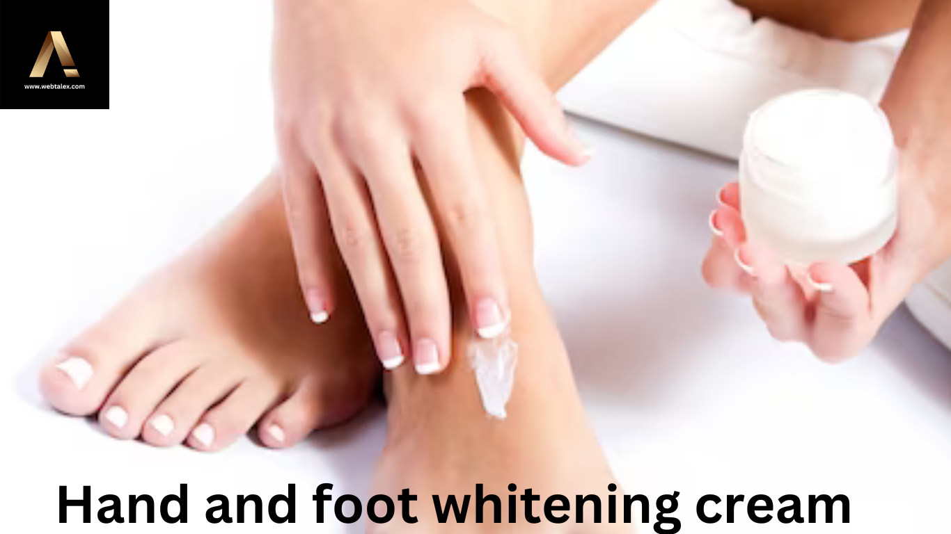 Woman applying hand and foot whitening cream to her foot.
