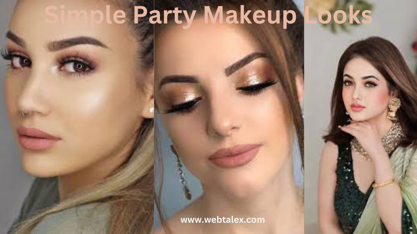 Three women showcasing soft, simple party makeup looks, featuring natural tones and subtle eye makeup.