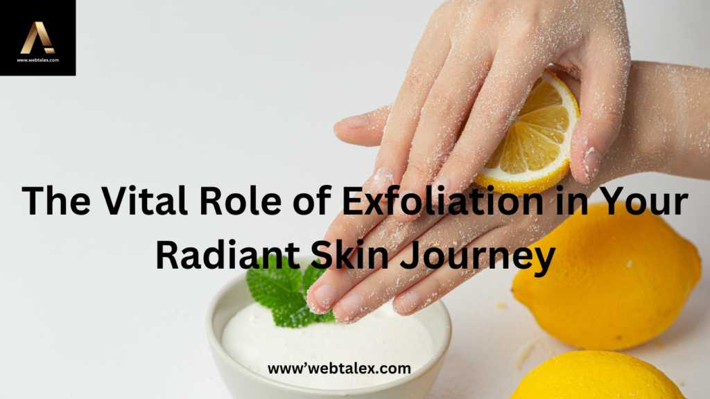 A woman with radiant skin exfoliates her hand by gently scrubbing it with an orange.