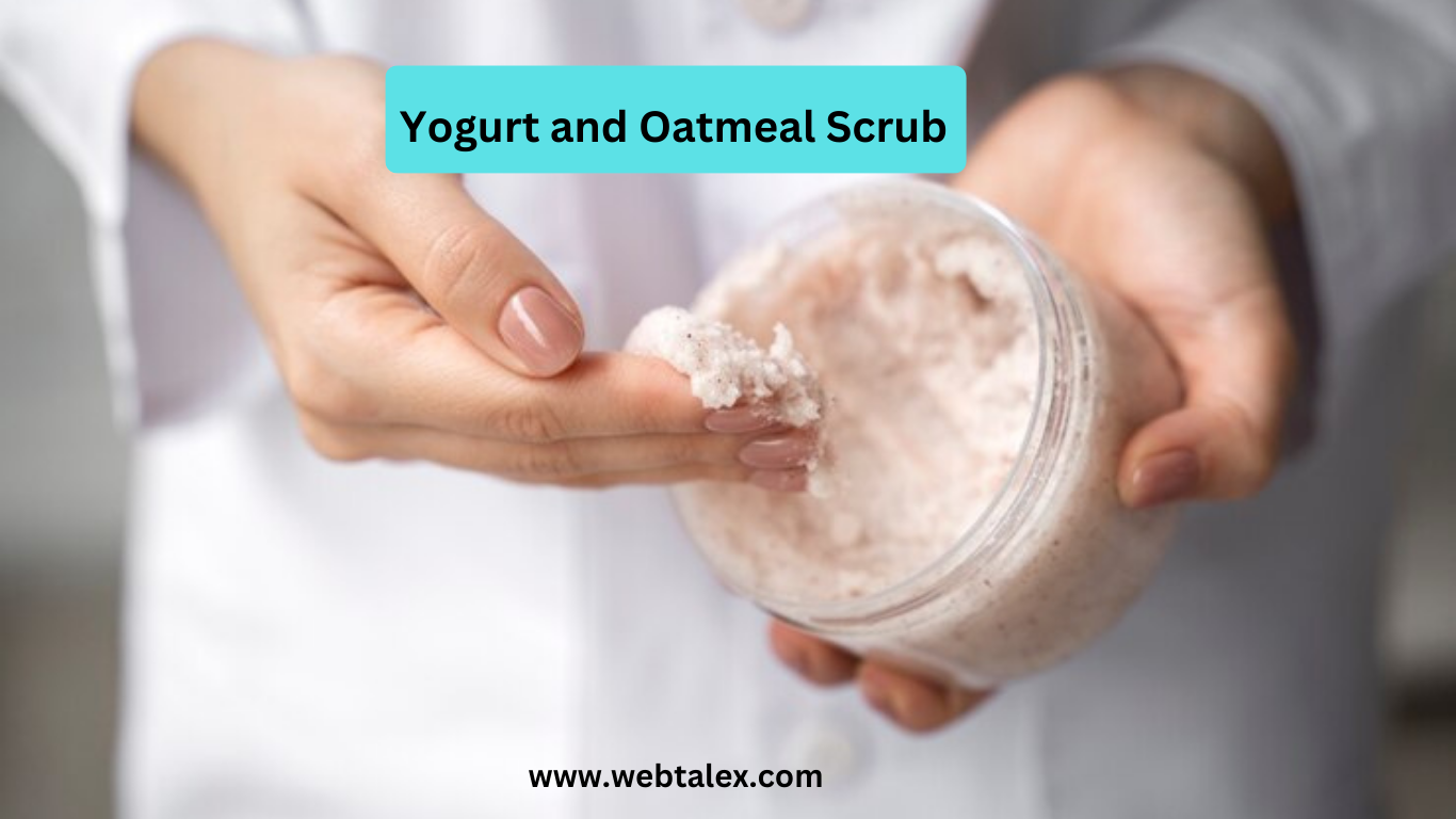 Woman holding a container of yogurt and oatmeal scrub with visible excitement.
