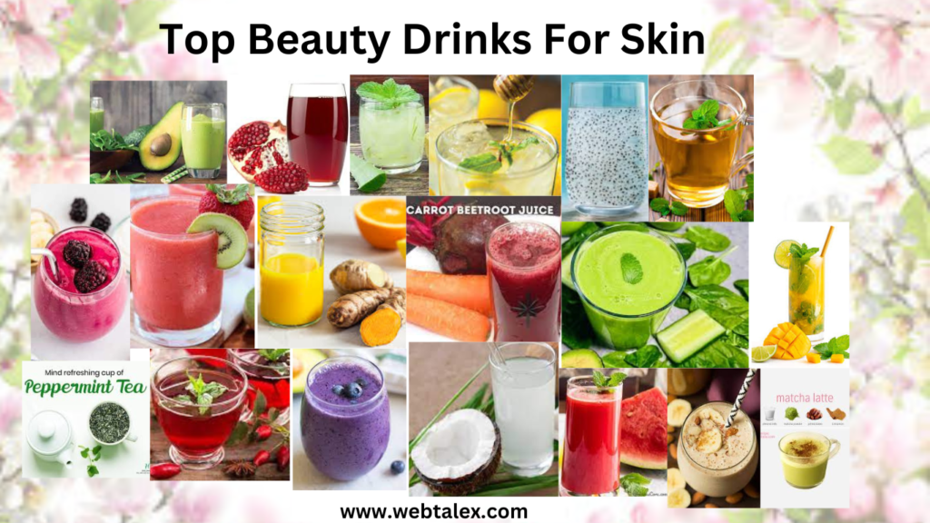 A variety of beauty drinks for skin, displayed to highlight their unique qualities.