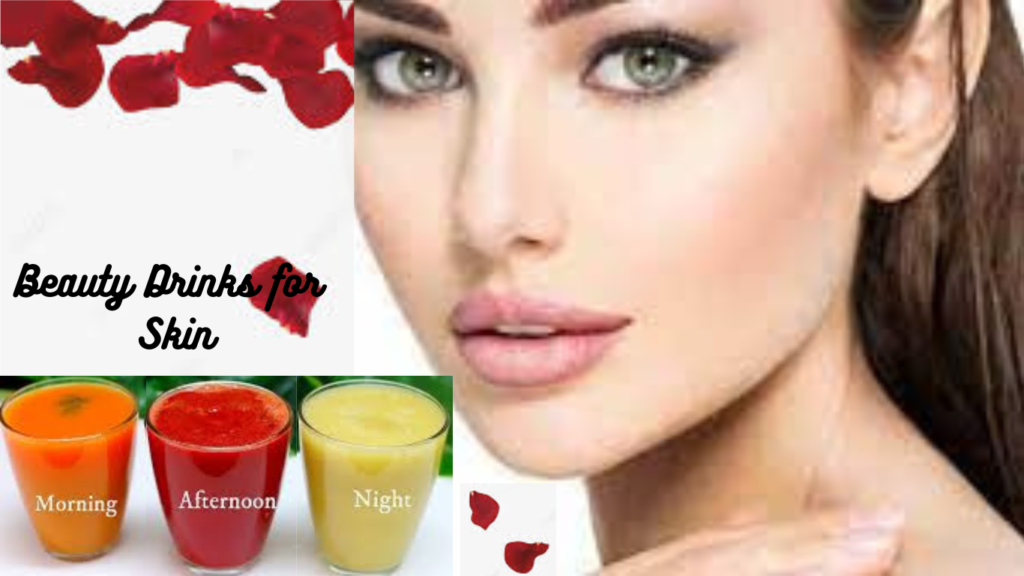 A beautiful woman surrounded by various beauty drinks for morning, afternoon, and night, with rose petals gently falling around her.