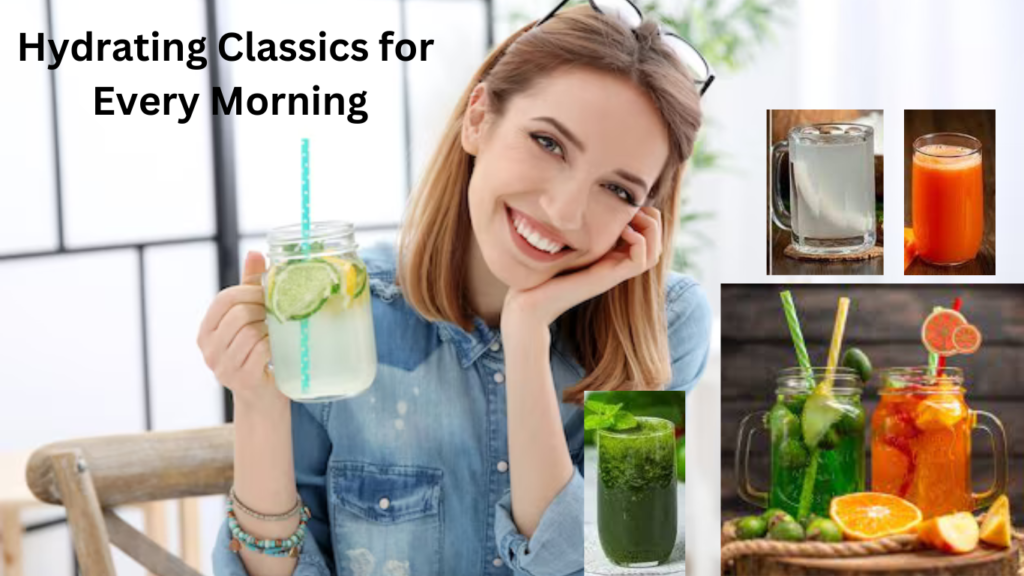 A woman enjoying lemon and mint water, with an array of beauty drinks for skin surrounding her.