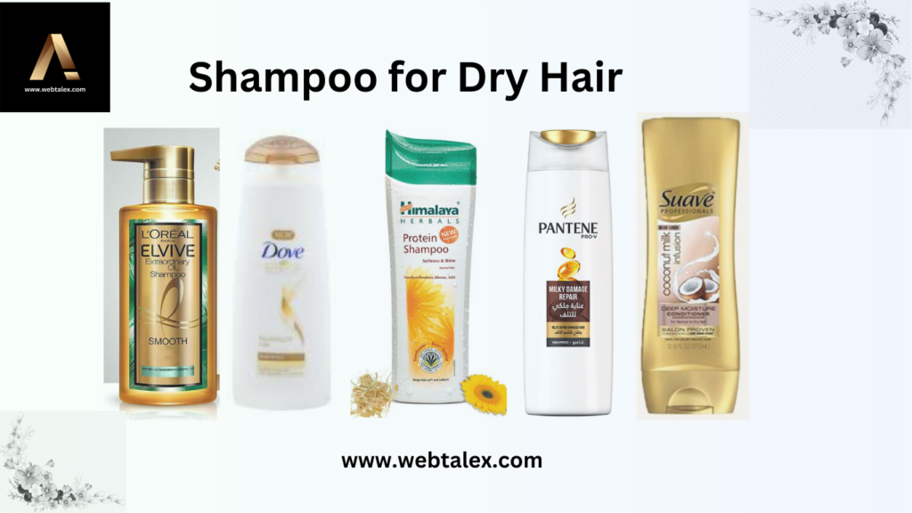 Variety of shampoos on display, each formulated for treating dry hair.