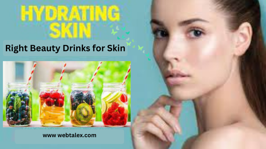 A woman with radiant skin surrounded by a variety of beauty drinks for skin hydration.