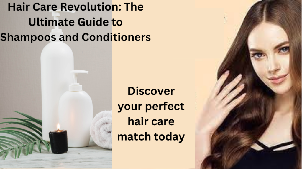 A woman with lustrous, flowing hair standing next to images of shampoo and conditioner bottles.