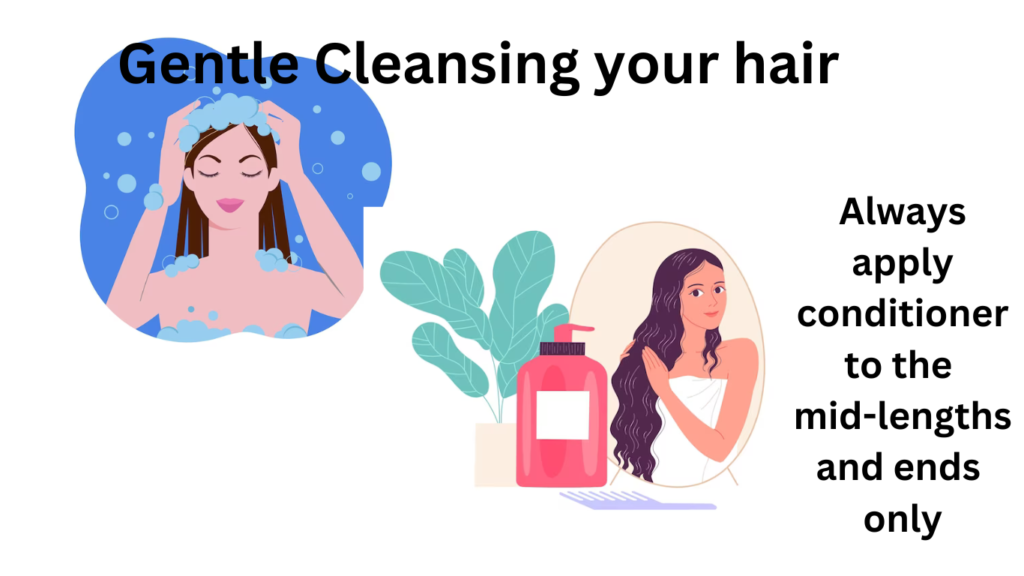 A beautiful woman gently washing her hair, and another applying conditioner from mid-length to the ends.