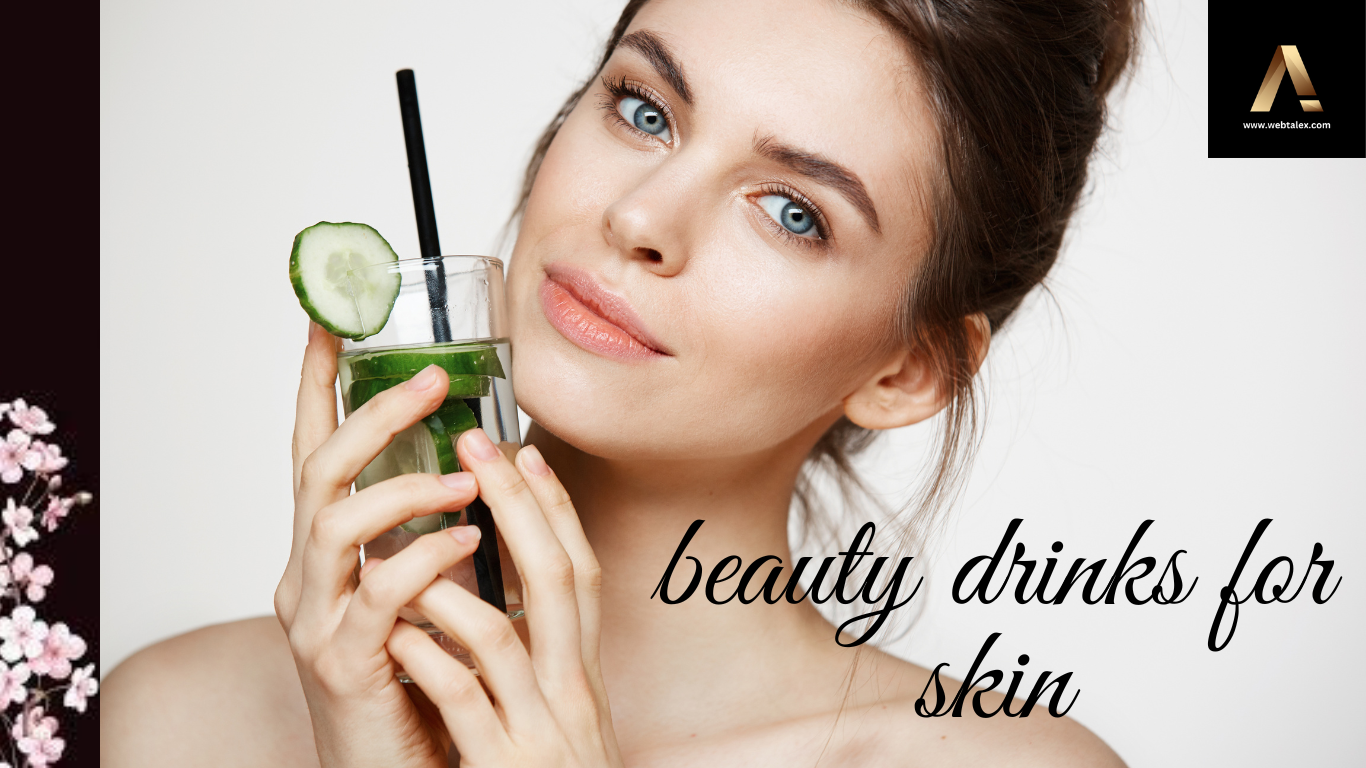 A beautiful woman holding a beauty drink, radiating healthy skin.