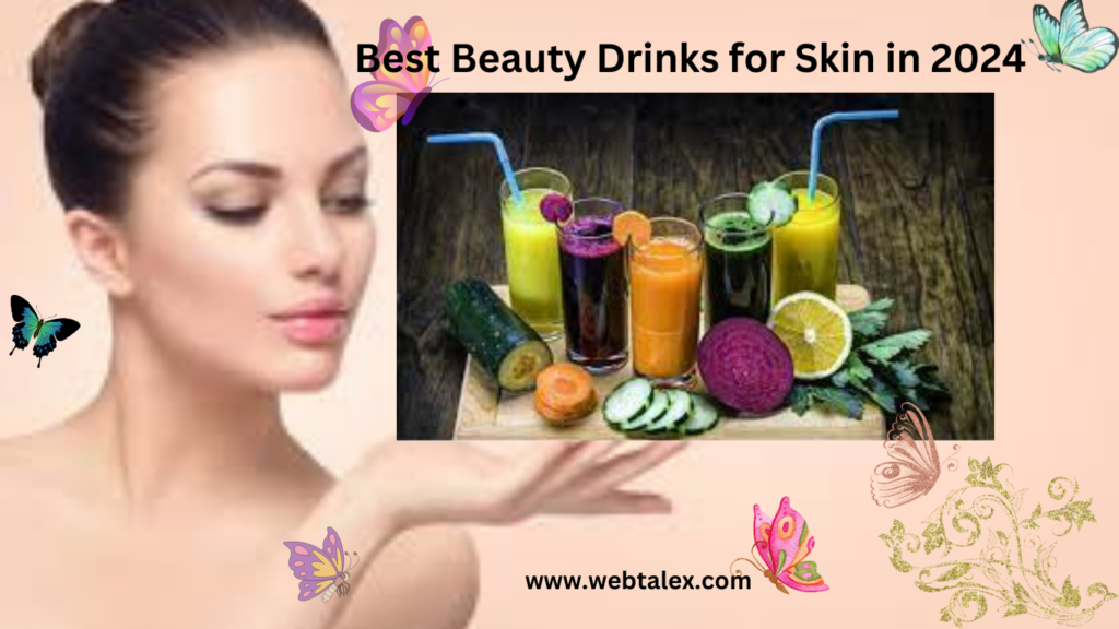 A beautiful woman holding a variety of beauty drinks, showcasing options for skin health.