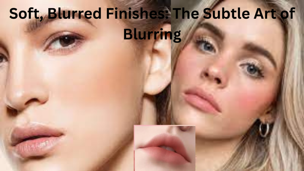 Portrait of women exhibiting soft, blurred-finish makeup, with a focus on subtly diffused lipstick, epitomizing effortless elegance.