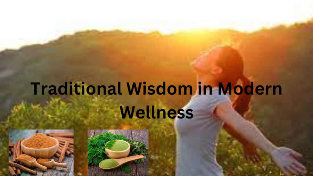A woman blending traditional wisdom with modern wellness, surrounded by an assortment of natural herbs and ingredients.