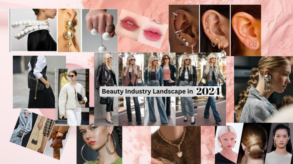 A vibrant display of varied 2024 beauty trends, featuring innovative skincare, colorful makeup, and eco-friendly products.