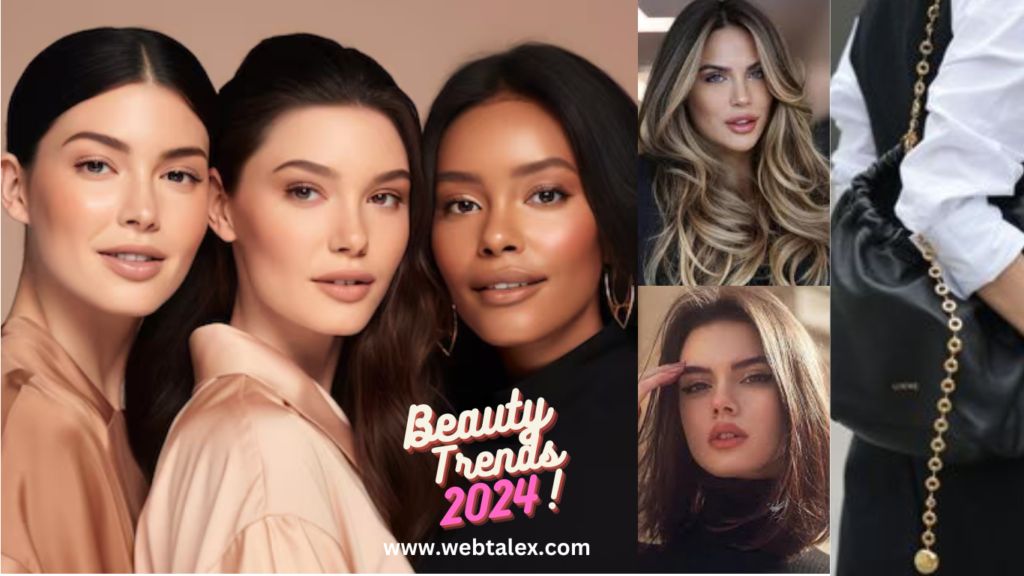 Three women showcasing 2024 makeup trends, two with trendy hair colors and cuts, and a fashionable bag.