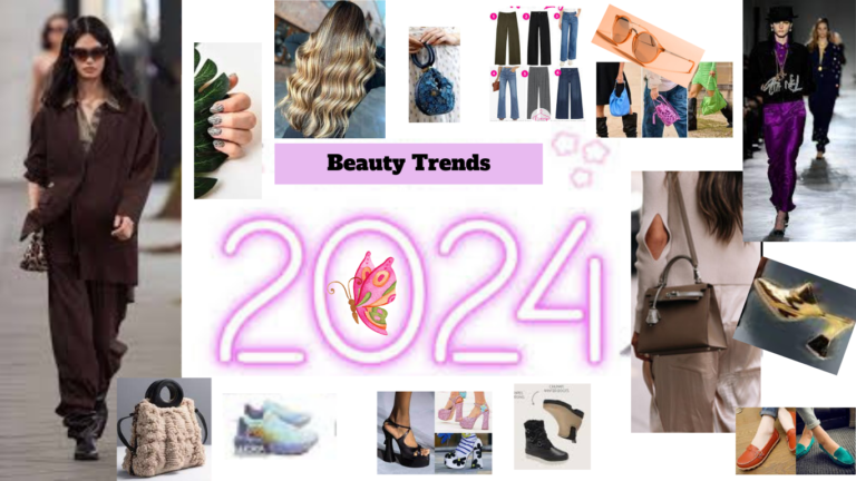 Collage of diverse beauty trends of 2024, showcasing personalized skincare, bold makeup, sustainable products, and technological beauty innovations.