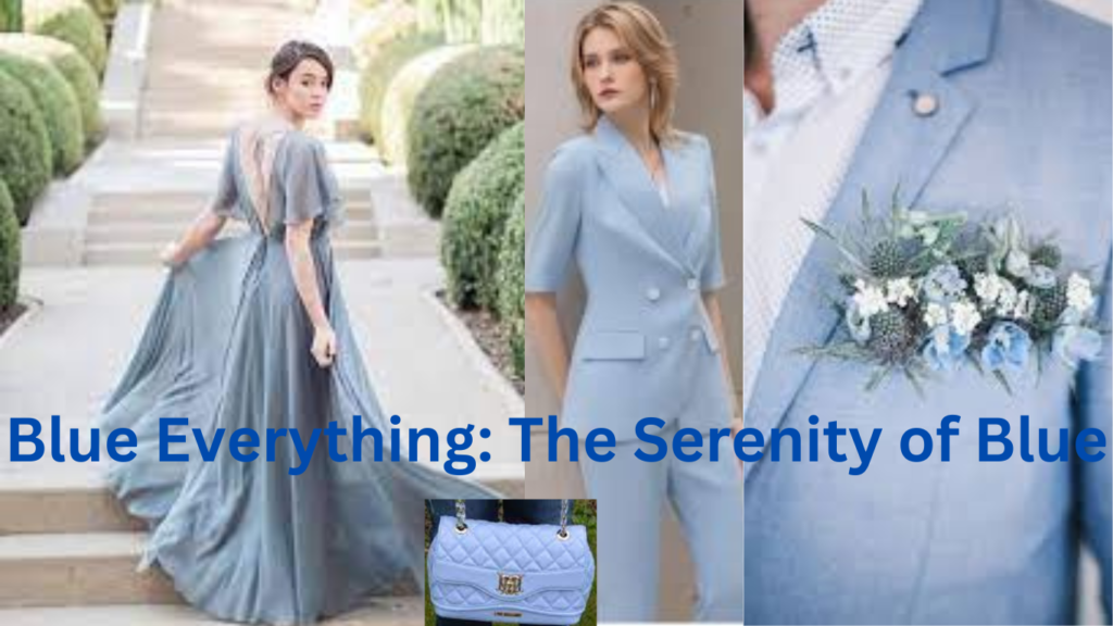 Men and women embracing the serene Blue Everything trend, showcasing the color in various aspects of fashion and beauty.