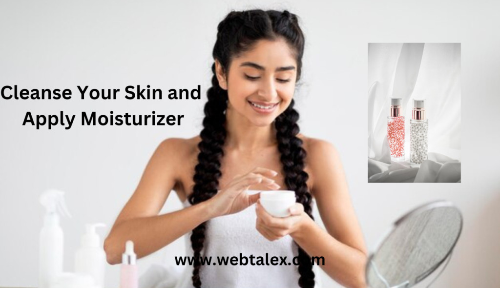 A young woman applying moisturizer on her face after cleansing, epitomizing a healthy skincare routine.