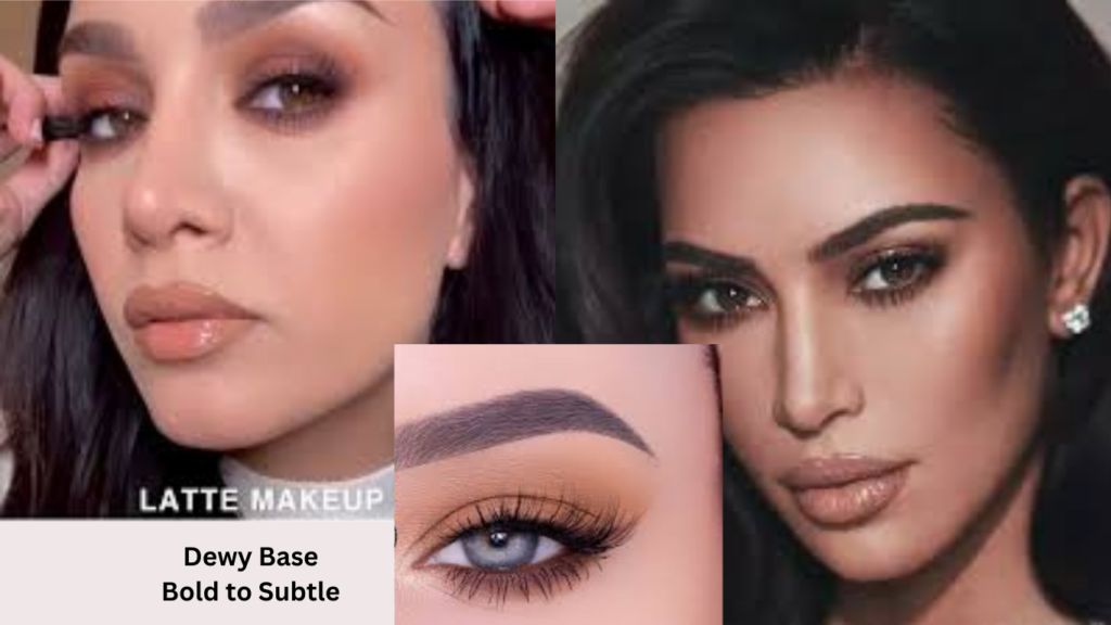 Women showcasing the Latte Makeup trend, with dewy, radiant skin and subtle, coffee-inspired eye makeup, symbolizing a shift from bold to understated elegance.
