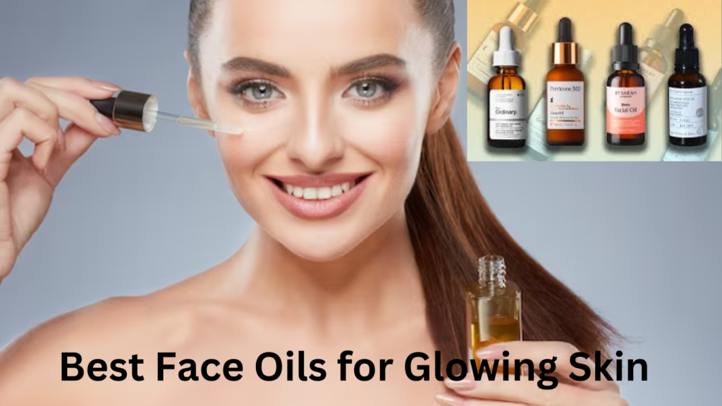 A beautiful woman gently applying face oil, with an array of the best face oils displayed beside her, radiating natural beauty.