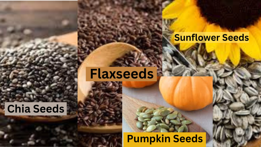 An array of seeds, including chia, flax, pumpkin, and sunflower, displayed to highlight their role in promoting glowing skin.