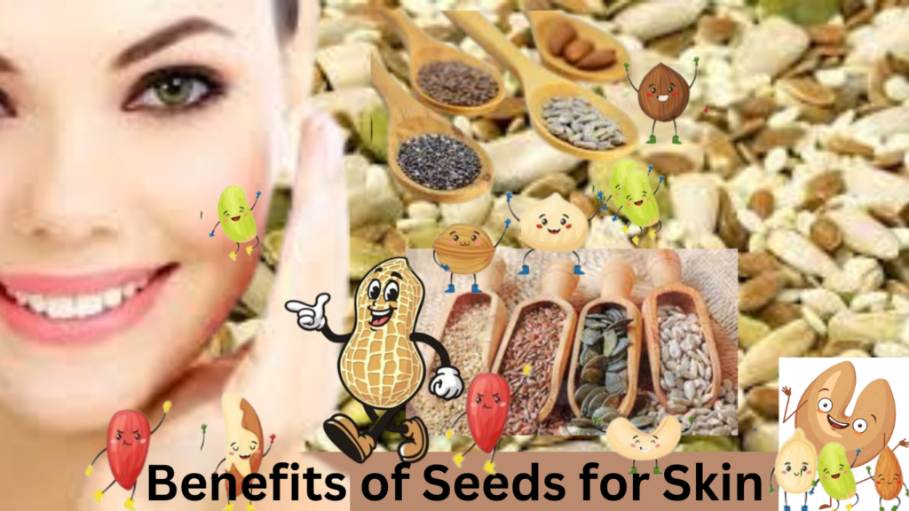 A collection of seeds including chia, flax, pumpkin, and sunflower, alongside a beautiful woman showcasing her radiant skin, highlighting the skin benefits of these seeds.
