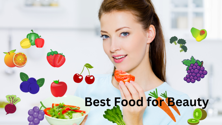 A beautiful woman with glowing skin surrounded by an array of colorful fruits, symbolizing the best food for beauty.