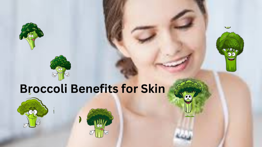 A variety of fresh broccoli florets alongside a beautiful woman enjoying broccoli as part of her nutritious diet, highlighting the skin benefits of this green vegetable.
