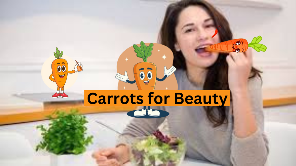 A selection of fresh carrots alongside a beautiful woman enjoying a carrot as part of her healthy diet, showcasing the beauty benefits of this vibrant vegetable.