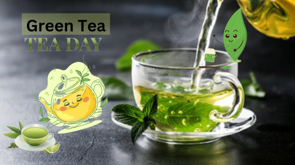 A steaming cup of green tea surrounded by fresh green tea leaves, showcasing its natural beauty and health benefits.