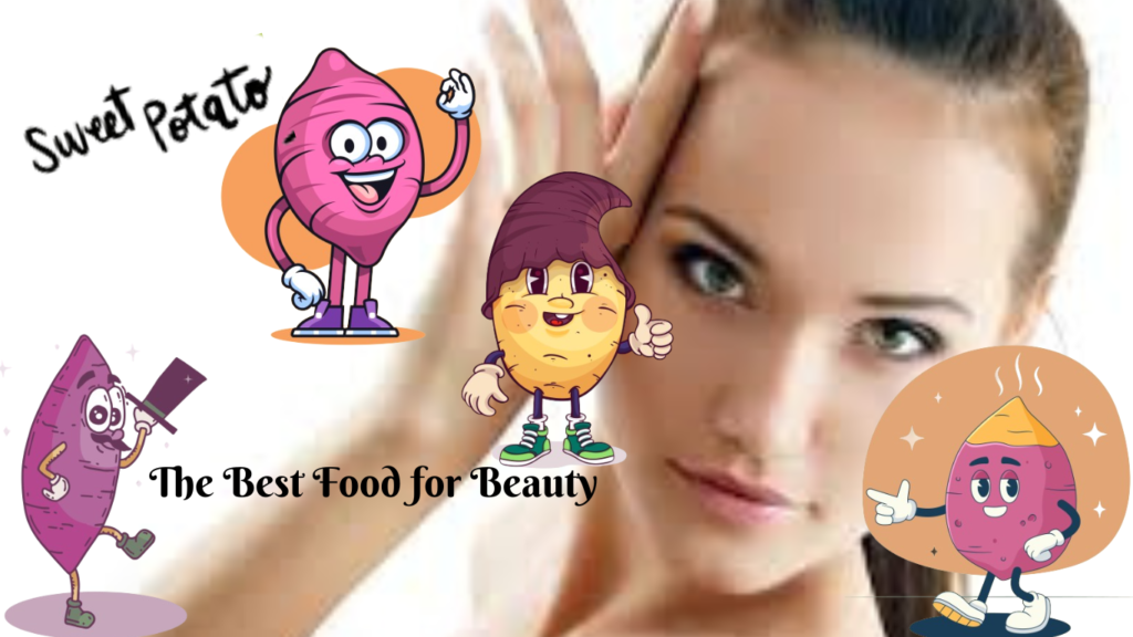 Various sweet potatoes displaying their rich orange color alongside a beautiful woman, symbolizing their role in enhancing beauty.