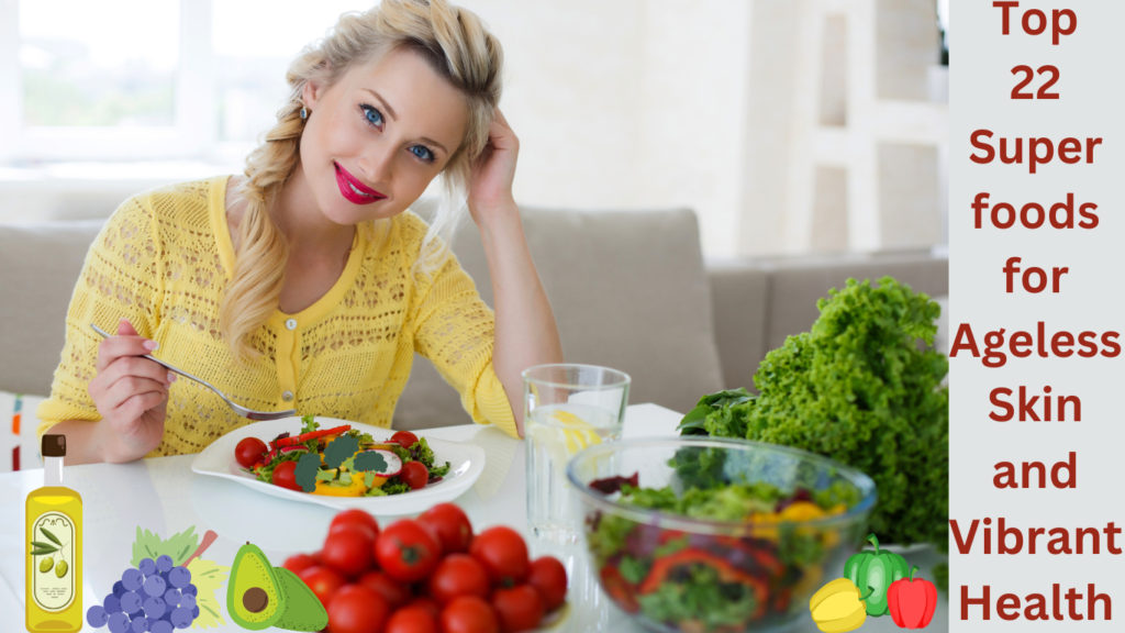 A stunning woman enjoying a nutritious meal, surrounded by a variety of superfoods like berries, nuts, and leafy greens, olive oil.