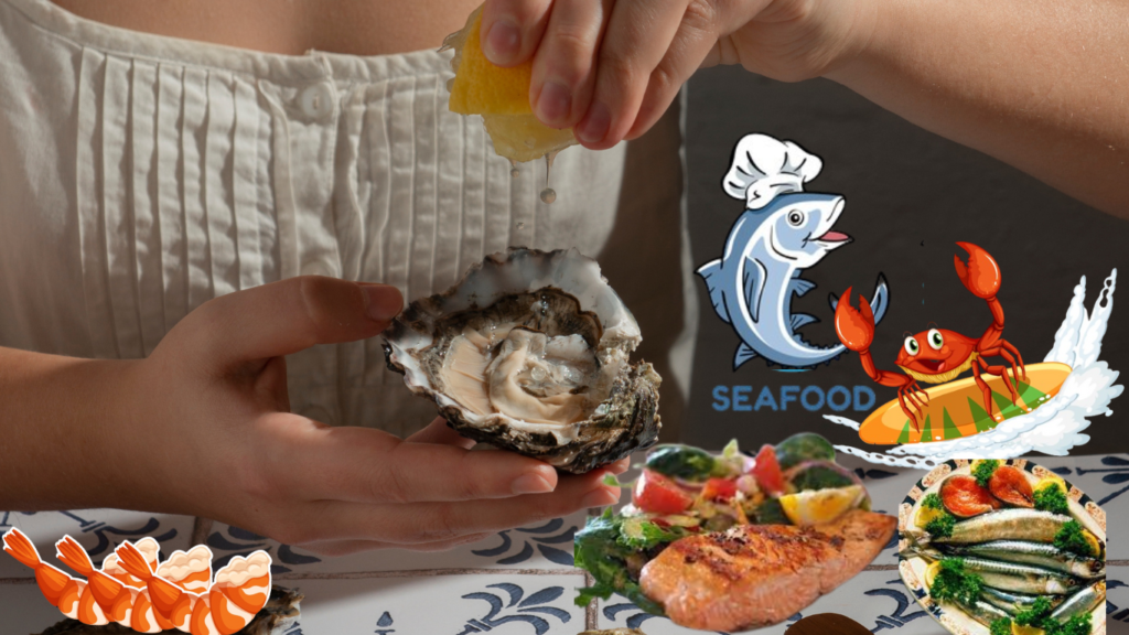 A variety of seafood displayed alongside a beautiful woman savoring a seafood dish, highlighting the skin benefits of marine delicacies.