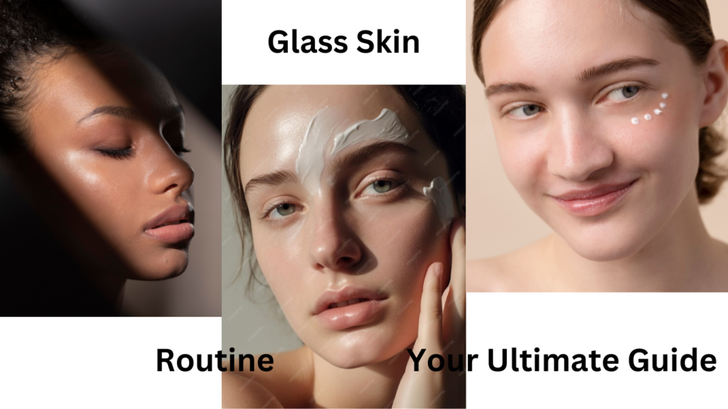 Three beautiful women with glass skin, presenting Korean skincare routine guidelines.