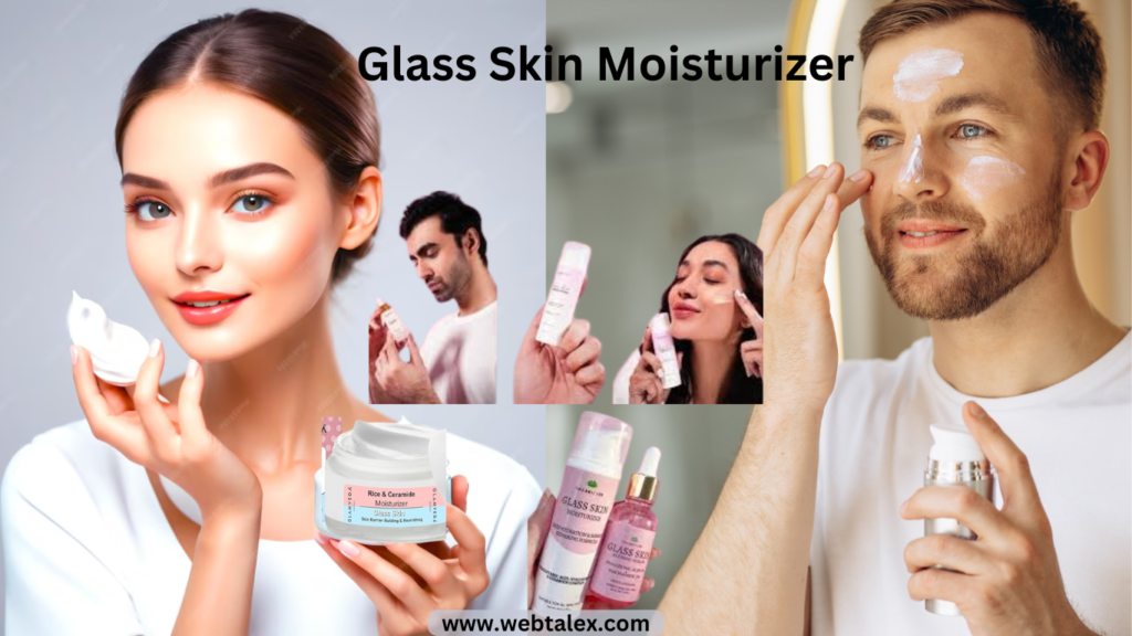 Two women and two men applying glass skin moisturizer, showcasing a diverse range of skin types and tones.