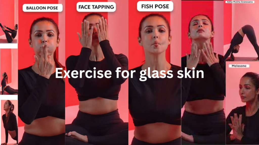 A beautiful woman performing various exercises for achieving glass skin.