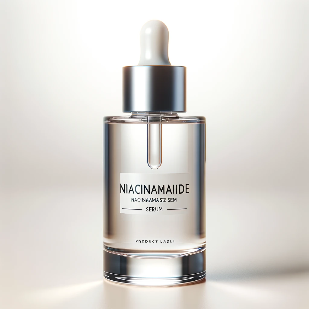 Bottle of niacinamide serum on a serene, light-colored background with droplets visible on the surface.