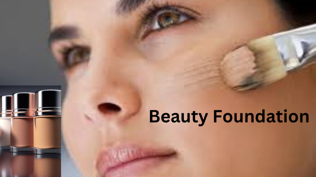 A woman applying beauty foundation that matches her skin tone.