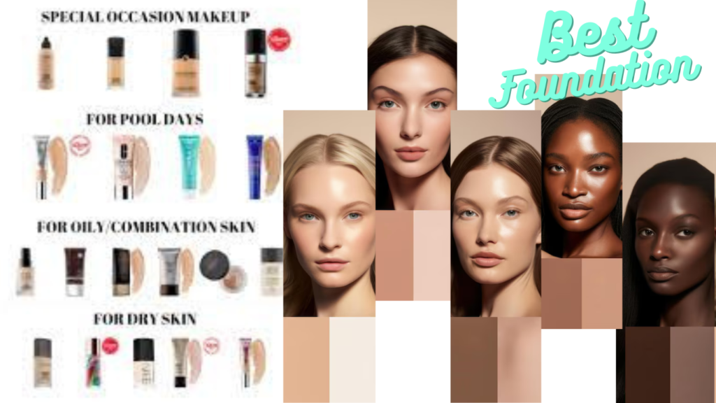 Women of different races showcasing the best makeup foundations for various skin types.