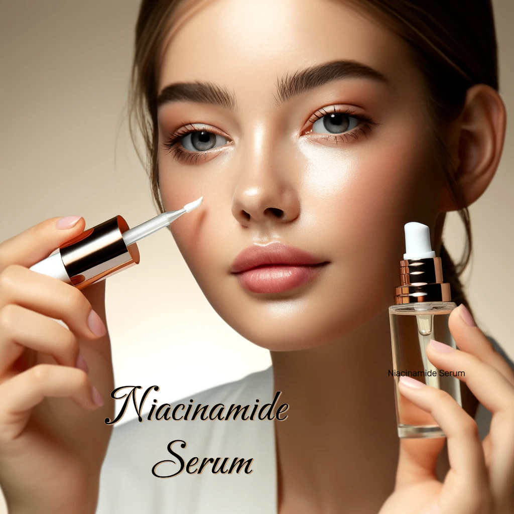 Young woman with flawless skin applying niacinamide serum to her face.