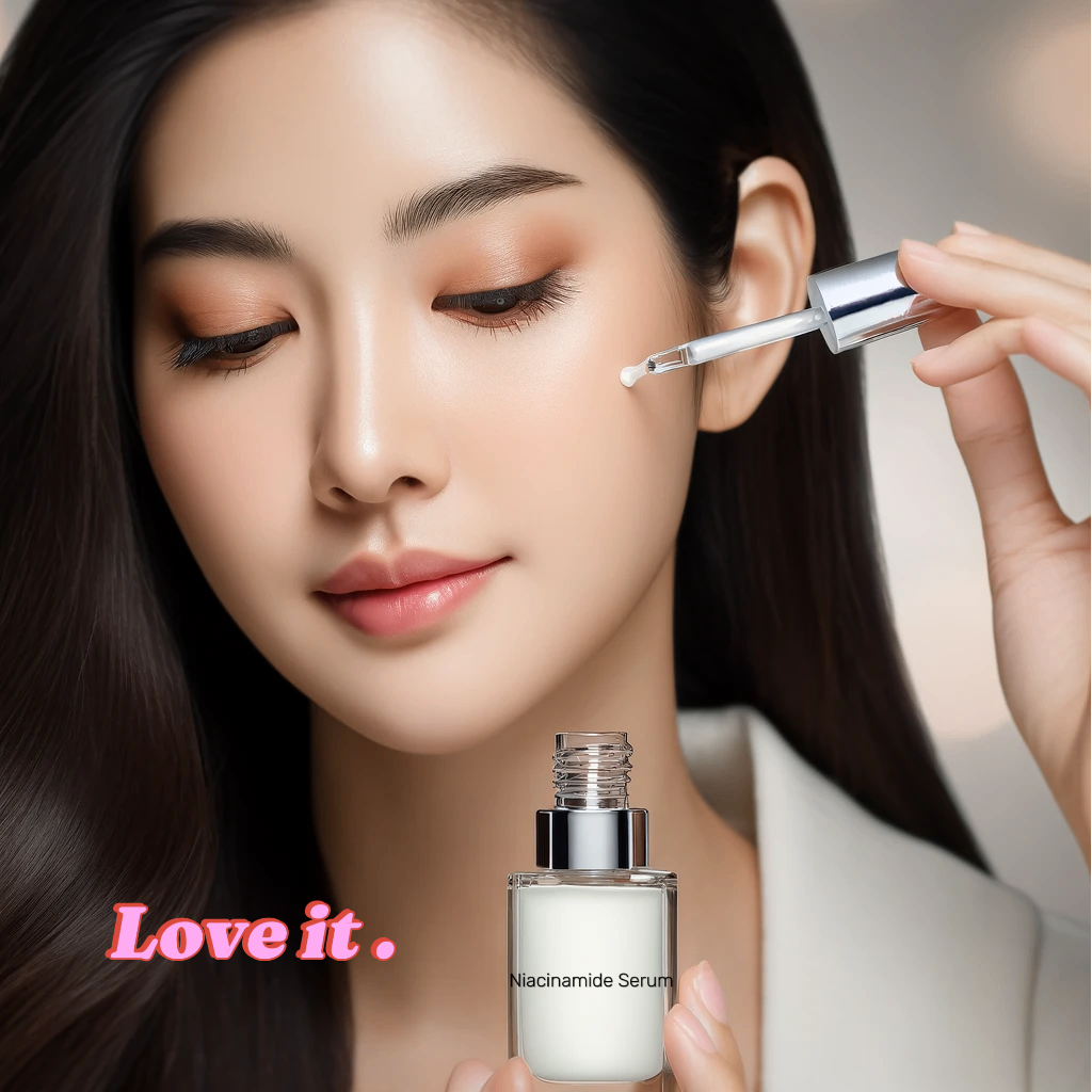 Young woman with flawless skin applying niacinamide serum to her face.