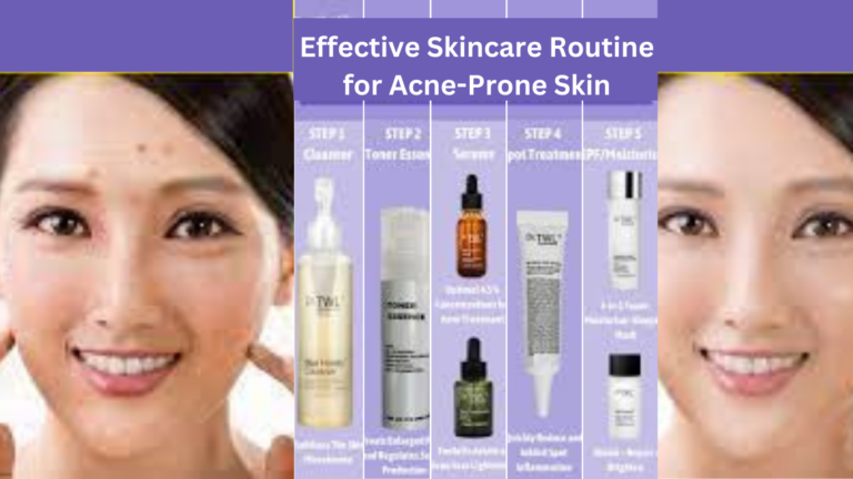 A girl showcasing a 5-step effective skincare routine for acne-prone skin with before and after results, including cleansing, toning, applying serum, moisturizing, and applying sunscreen.