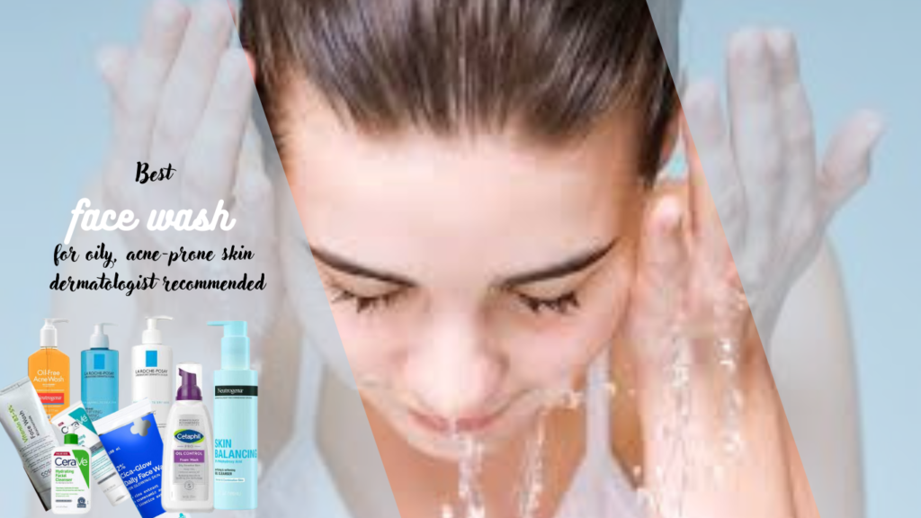 A pretty girl washing her face with multiple dermatologist-recommended face washes for oily, acne-prone skin displayed on her right side.